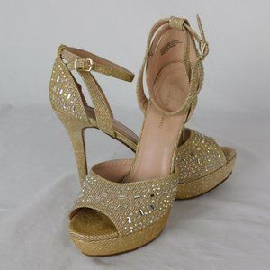 Fashion Focus Women Size 10 Gold Colored Rhinestone Peep Toe 5" Heel 1.5" Platfo